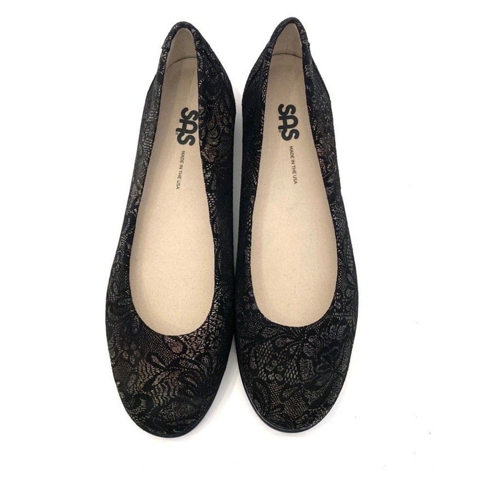 SAS Scenic Floral‎ Ballet Flats Black Suede Womens 7.5 S Extra Narrow